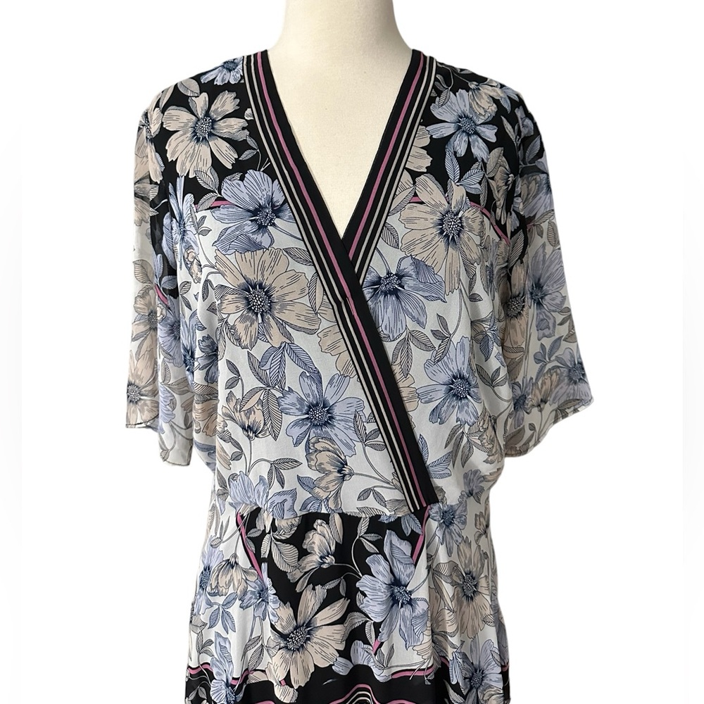 Maison Tara Blue Pink Black Tan Gray Floral Nouveau Chiffon Midi Dress Size 14 - Picture 3 of 12